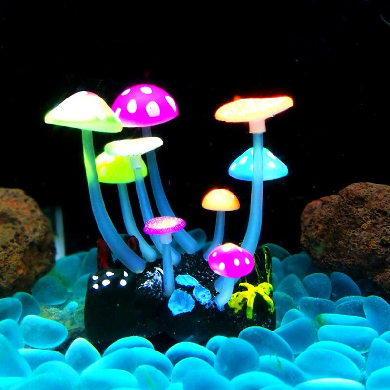 1 stk mini akvarium dekoration lysende farvede svampe tilbehør akvarieplanter ornamenter dekoration fiskeskål baggrund: Blå
