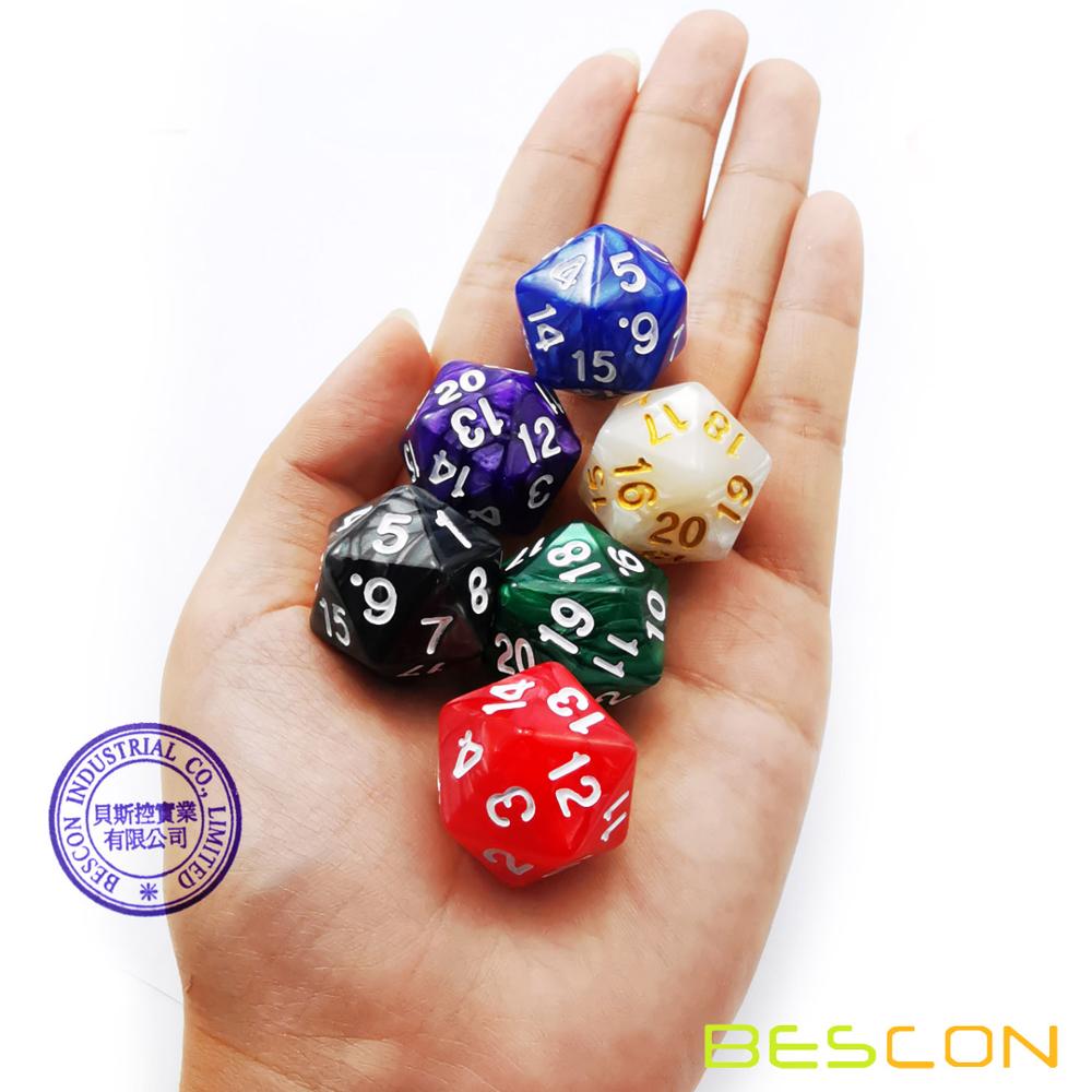 Bescon D20 Spindown Dice 22MM, Assorted Marble Colors 6pcs Set