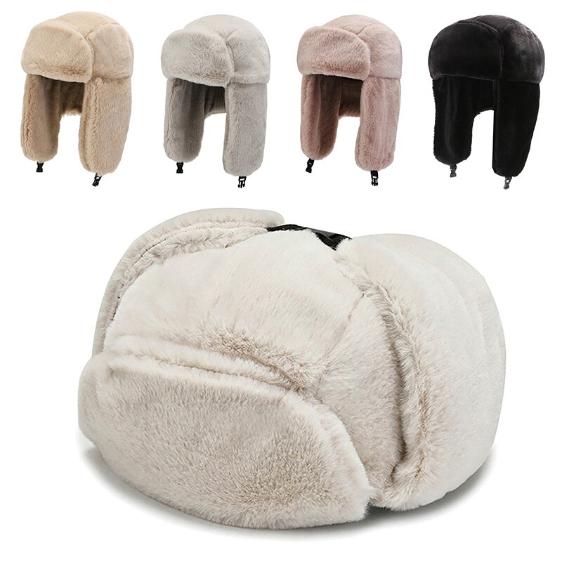 Gorro de esquí de invierno para ciclismo, orejeras cálidas, gruesas, de felpa, con orejeras, para hombres y mujeres, de piel sintética, a prueba de viento, estilo bombardero ruso