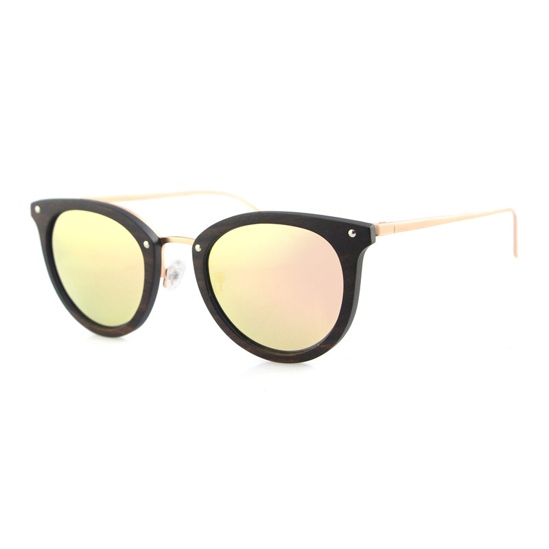 Skymood Vintage Women's Polarized ROSE Gold Tint Lens Cat Eye Steel Metal Ebony Wood Frame Sunglasses