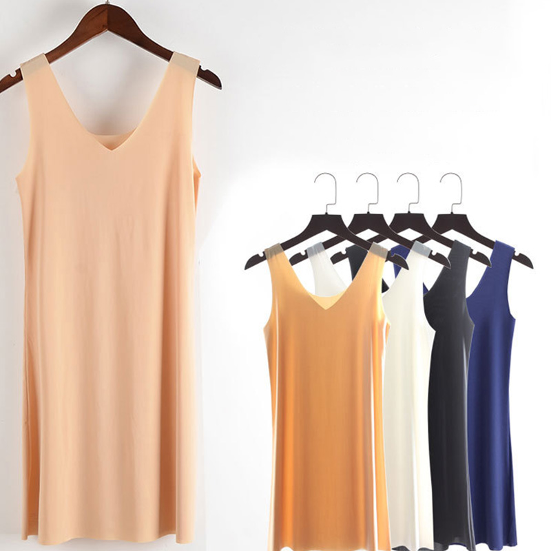 Zomer Plus Size Volledige Onderjurk Vrouwen Dunne Ijs Zijde Lange Petticoat Onderrok Mouwloze Band Nachtjapon Nachthemd M-3XL