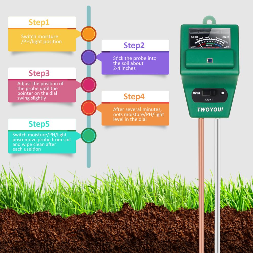 3- i -1 jord ph måler fuktighetssensormåler / sollys / ph jordprøvesett seil ph tester til hjem hage planter gård utendørs bruk