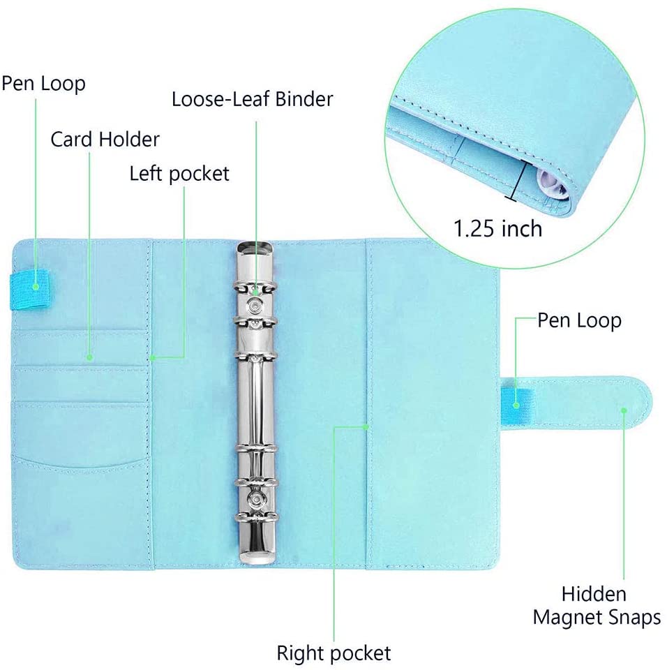 A6 Leather Notebook Binder with Plastic Binder Pockets, Refillable 6 Round Ring A6 Personal Planner Binder Cover with Stickers
