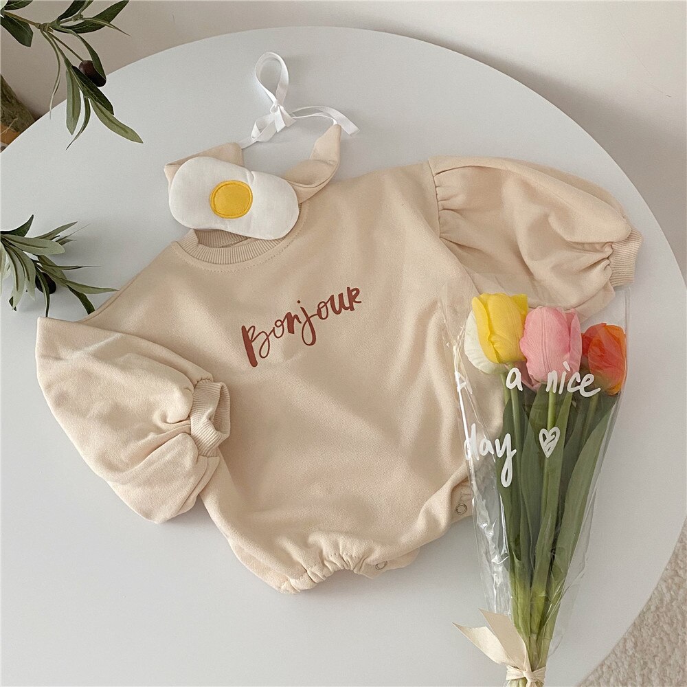 Autumn Baby Bodysuits Letter Printed Newborn Long Sleeve Jumpsuit Boys Girls Cotton Baby Clothes With Headband: 14354354135beige / 6M