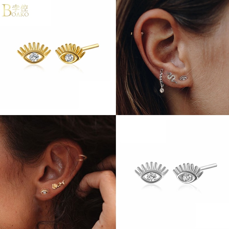 925 brincos de prata esterlina para mulheres brincos de olho do mal de ouro menina cartilagem orelha osso piercing brincos feminino zircon aretes