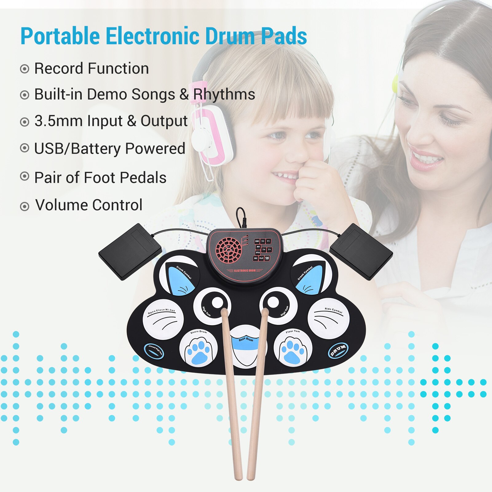 Roll-up Electronic Drum Pad Digital Drum 10 Rhythms Record 3.5mm Microphone Input Headphone Monitoring External Speaker Output