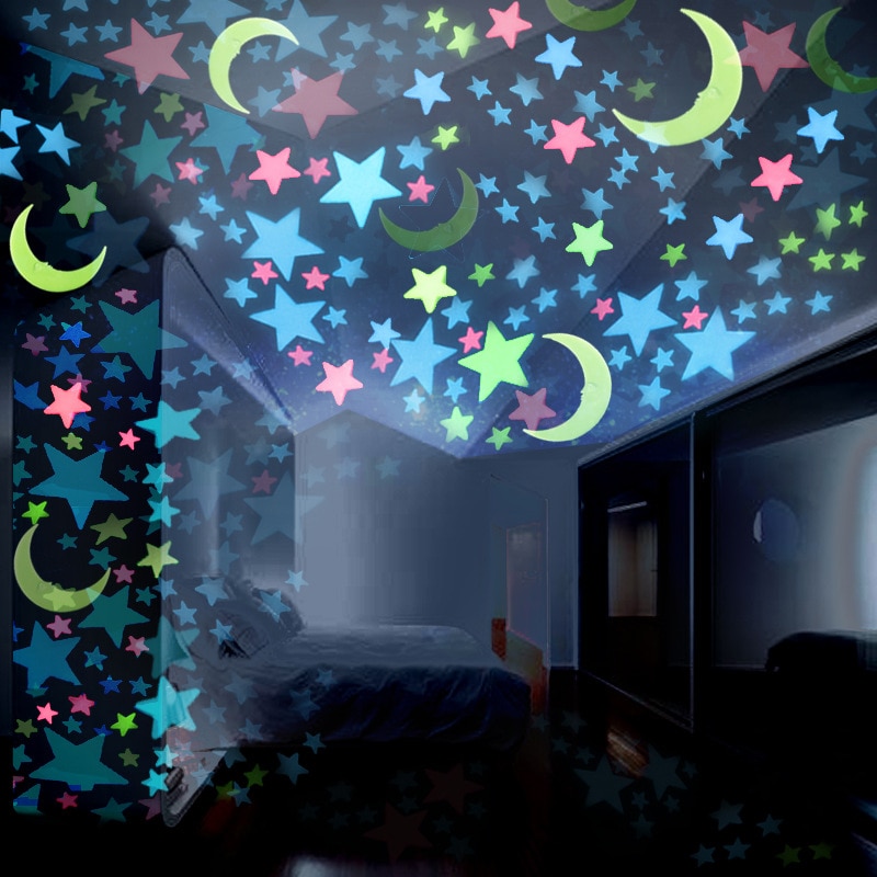 100 stk/sæt 3d nat lysende stjerner måne klistermærker glød i mørket legetøj børn af lys klistermærker til børneværelsesindretning