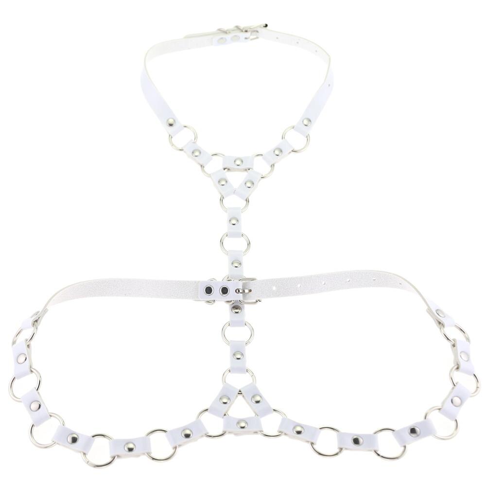 Mode Punk PU Lederen Harnas Body Met O-Ring Choker Bondage Taille Riemen: white