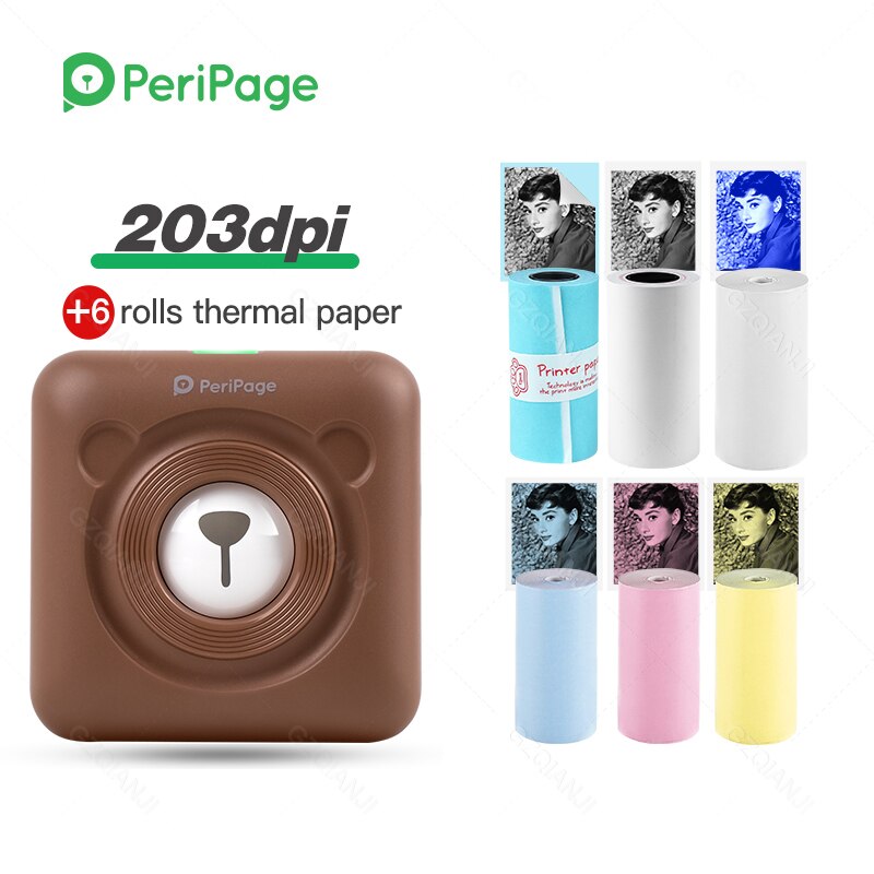 Peripage Rode Draagbare Thermische Bluetooth Printer 203Dpi 2 "Rode Photo Factuur Mini Draadloze Printer Voor Android Ios Mobiele telefoon: Brown 203Dpi 6Roll