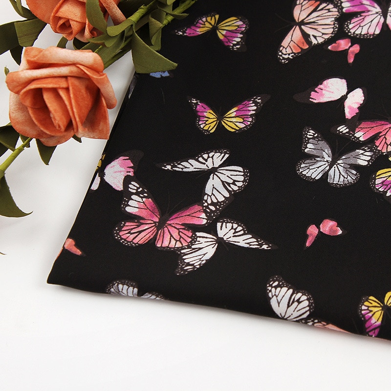 Sort farve sommerfugl mønster blomstertrykt chiffon stof til kjole, i meter