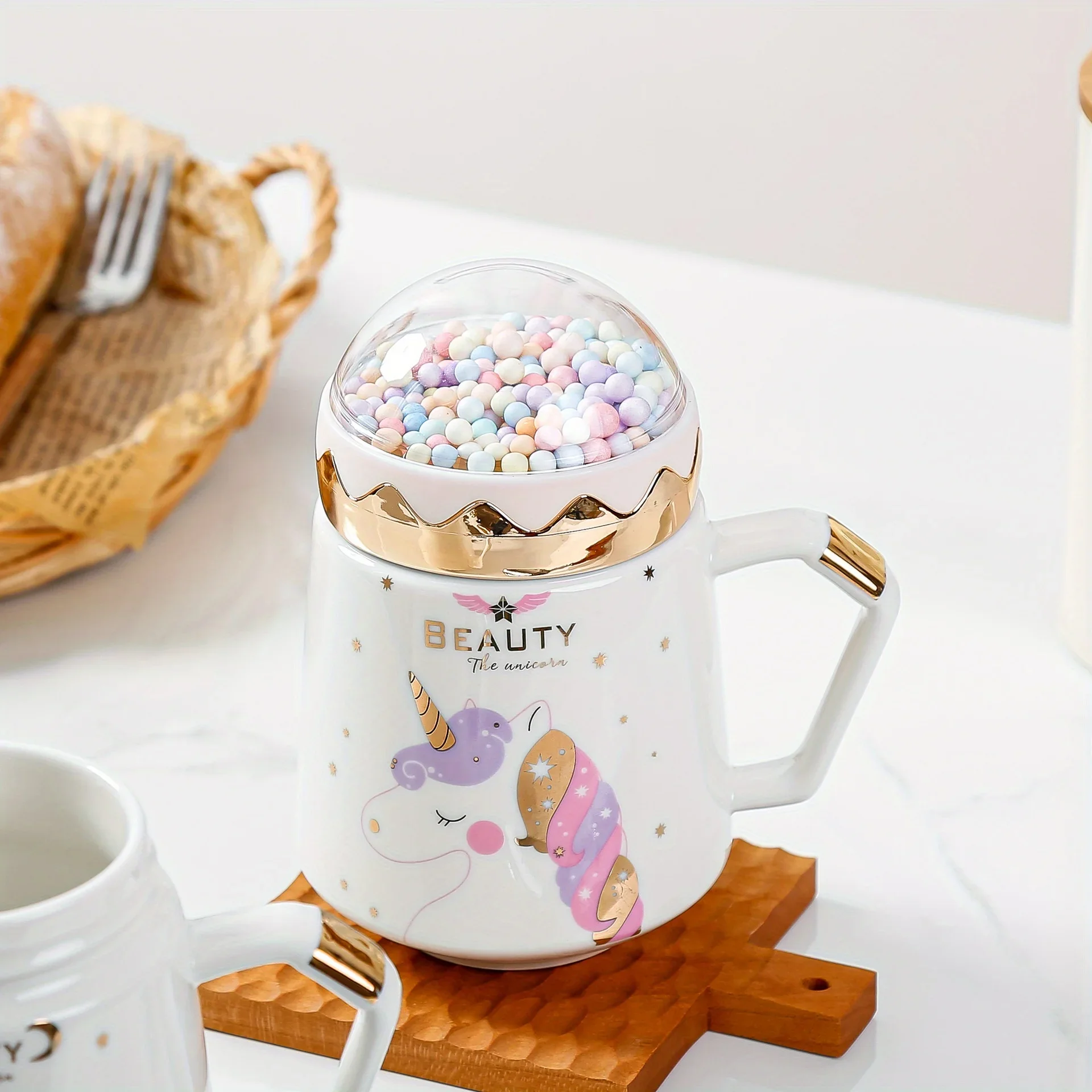 Unicorn mug ceramic coffee cup tea cup milk breakfast cup with lid: Blue