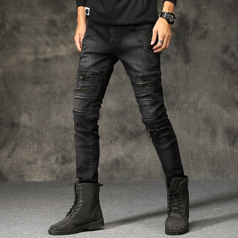 Men jeans denim high street ripped knee black slim stretch pants straight motorcycle washed trousers