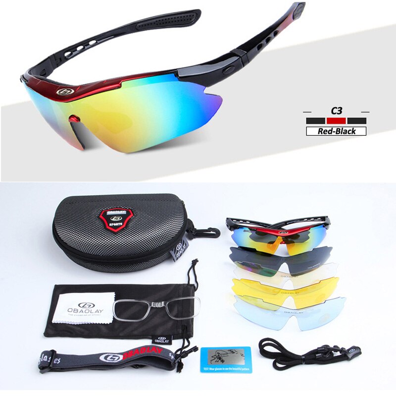 OBAOLAY Gepolariseerde Sport Mannen Zonnebril Road Fietsen Glazen Mountainbike Fiets Rijden Bescherming Goggles Eyewear 5 Lens: C3 Red Black