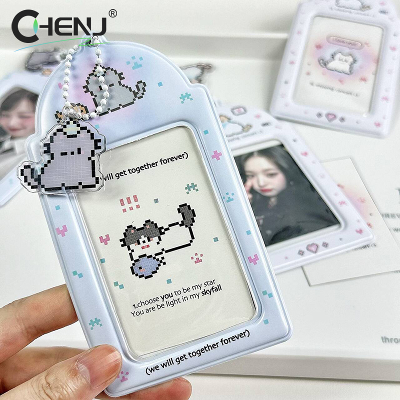 Soporte para tarjetas de fotos de gato de dibujos animados, decoración creativa de , álbum de fotos de ídolo, fundas protectoras, estuche de almacenamiento de tarjetas colgante