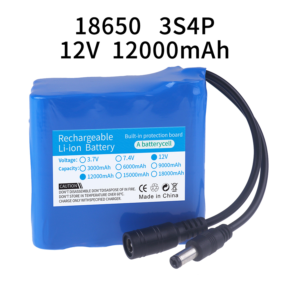 100% paquete de batería portátil de 12V 3000/6000/9000/12000/18000/21000mAh 12v 18650 iones de litio DC 12,6 V batería súper recargable