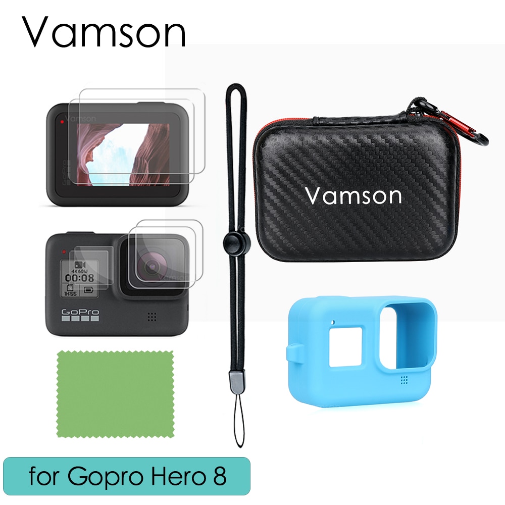 Vamson Accessoires Kit Voor Gopro Hero 8 Met Blue Silicone Rubber Beschermhoes Shockproof Opslag Handtas Pakket VP814