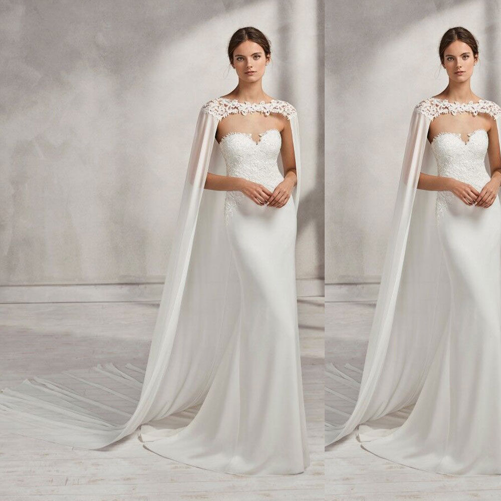 Boda nupcial abrigo largo blanco, marfil nupcial capa para vestido de gasa chal con encaje envuelve la chaqueta