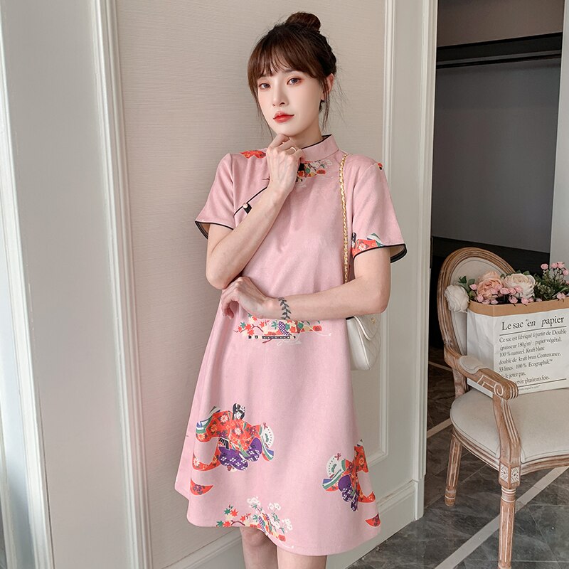 Plus Size M-4XL Peking Opera Print Pink Modern Cheongsam Dress for Women Short Sleeve Qipao Traditional Chinese Clothes