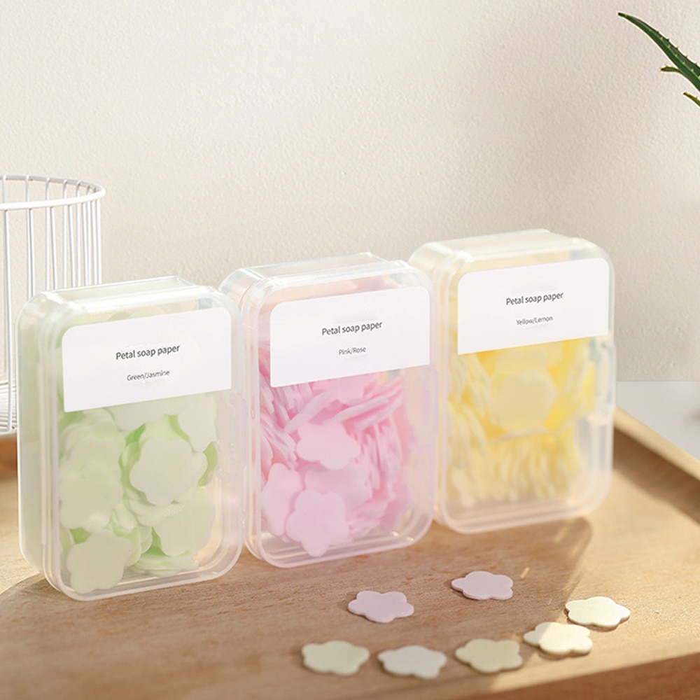 100Stck/Kasten Einweg Nette Mini Blume bilden Papier Seife mit Kasten Hand-waschen Seife Papier Flocken Tragbare händewaschen Seife