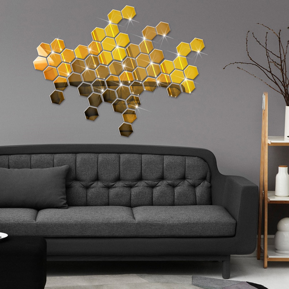 Hexagon Acrylic Wall Sticker 12Pcs Removable Mirror Plane Decals Wall Decoration