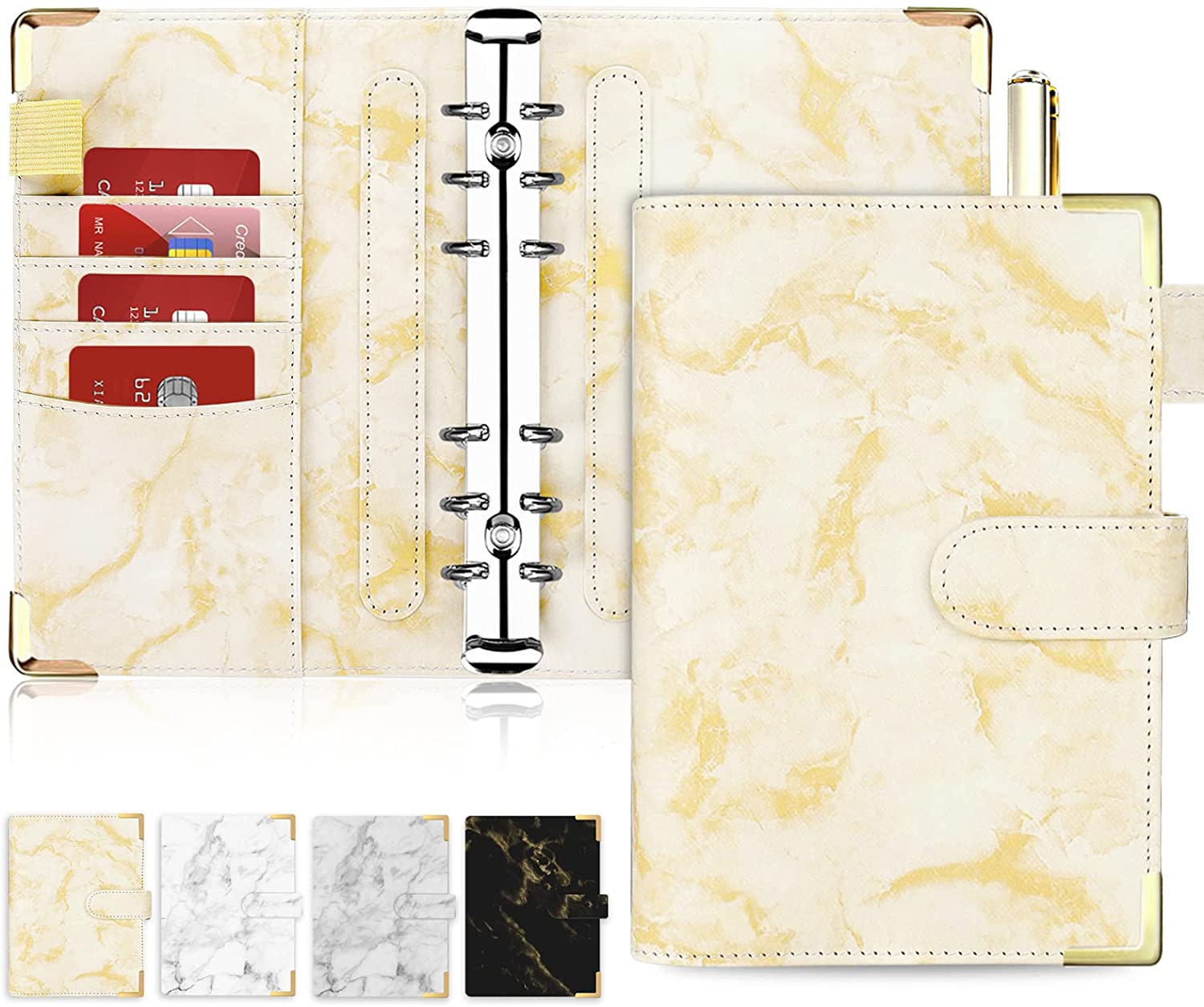 A6 PU Leather Notebook Binder Marble Refillable Binder Cover 6 Ring Loose Leaf Budget Planner Binder Cover with Magnetic Buckle: Yellow Marble