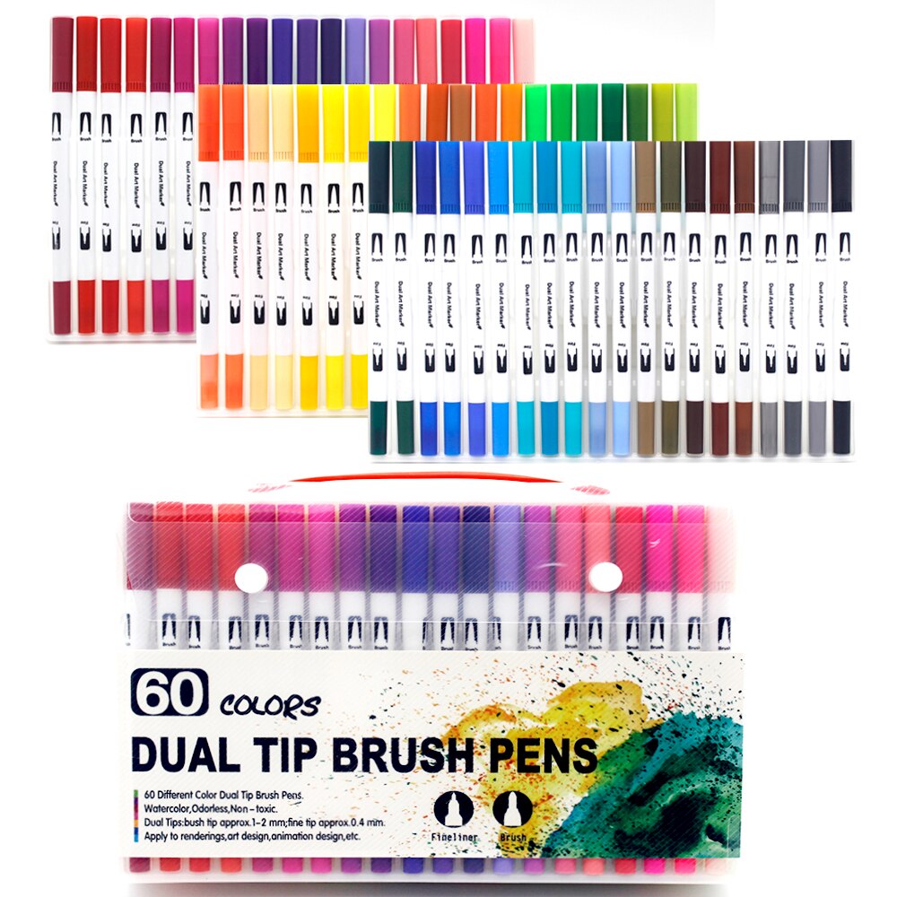 Tuscher sæt 36/48/72/120 farver fineliner dobbelt spids pensel pen tegning maleri akvarel kunst tusch penne til manga kunst forsyninger: W -60 farve