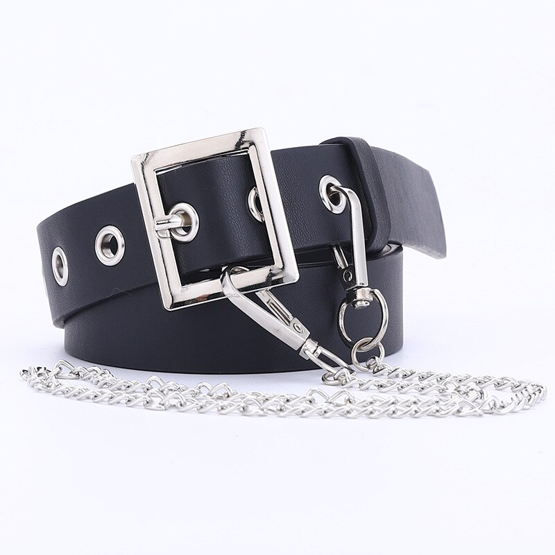 Gold Metal Double Pin Buckle Chain Women Belt PU Leather Punk Luxury Brand Waist Strap Belts for Jeans: 2.8cm black chain