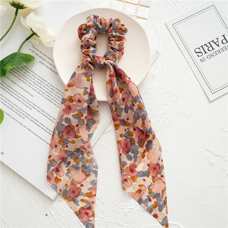 Floral Print Scrunchies Chiffon Bow Elastic Hair Bands Women Hair Ties Rubber Bands Ponytail Scarf Hair Accessories: black