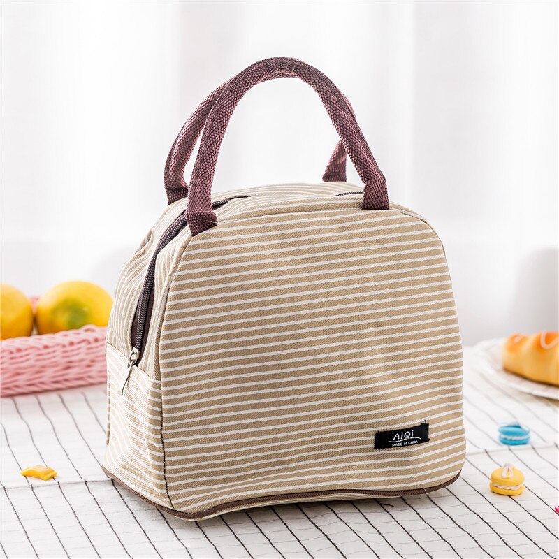 Frauen Tragbare Mittagessen Tasche Leinwand Streifen Isolierte Kühltaschen Thermische Lebensmittel Picknick Mittagessen Taschen Kinder Lunch Box Tasche Tote Lancheira: light brown