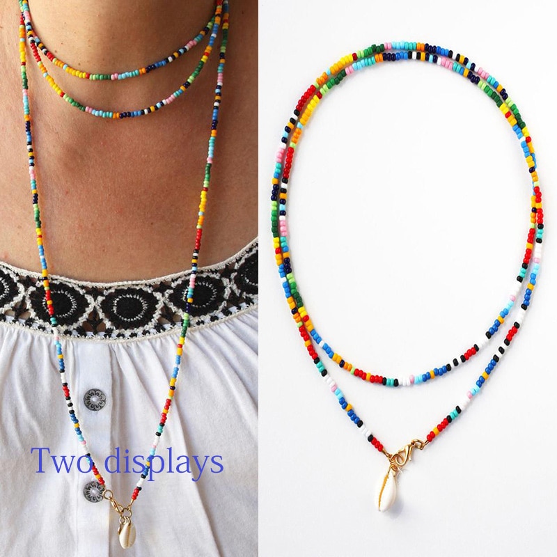 Bohemian einfache strand farbe reis perlen natürliche shell hand string reis perlen frauen halskette hersteller