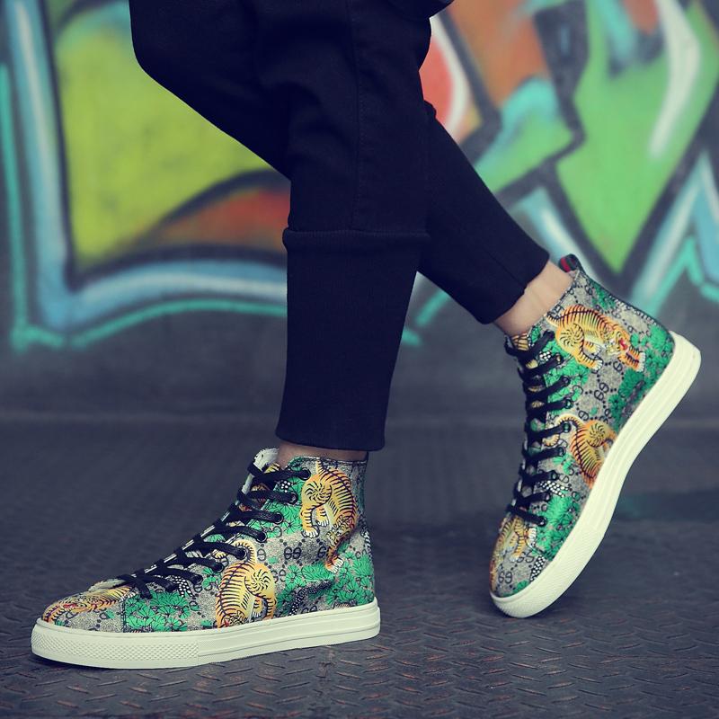 Trendy Green Tiger Print Hoge Top Schoenen Mannen Skateboard Schoenen Lederen Sneakers Mannen Zapatillas Hombre
