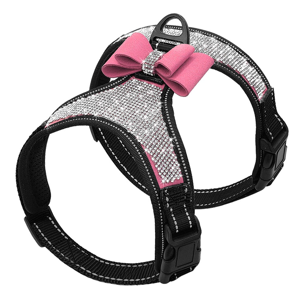 Reflecterende Diamond Bling Strass Strik Hond Harnas Nylon Huisdier Aangelijnd Kleine Medium Hond Harnassen Vest Dierbenodigdheden D30: Roze / S