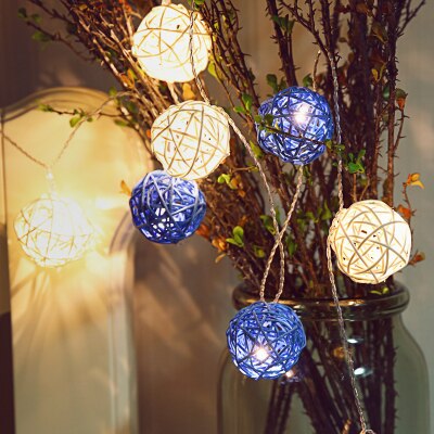 Guirlande lumineuse boule de rotin à 28led, 220V, 5M, 4cm, pour rideau de mariage, décoration de noël, pour patio, maison: white and blue
