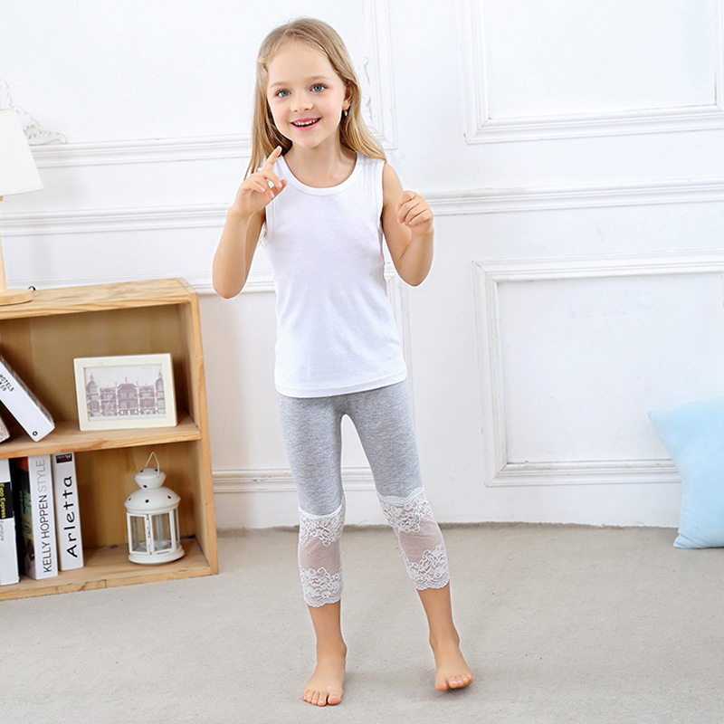 Broek Leggings Capri Zomer Modale Kant Kinderen Meisjes Stiksels Candy-kleurige Leggins: Grijs / 130  6T