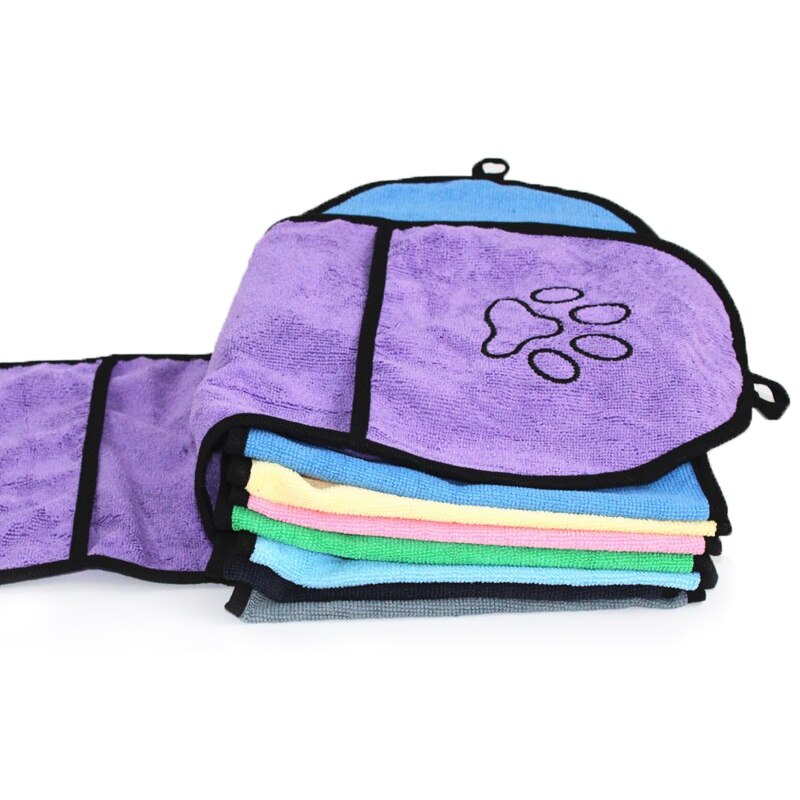 Toalla de baño de microfibra para perro, toalla de secado ultraabsorbente para cachorros y gatos pequeños, manta con bolsillo, bata de baño para perros grandes