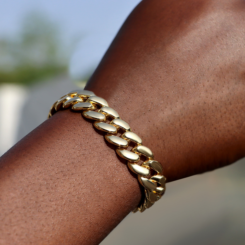 Pulseras de cadena cubana con eslabones helados de 14MM para hombres y mujeres, diamantes de imitación completos, pulsera cubana gruesa de Miami, de joyería Punk Hip Hop: 16 cm / Color dorado