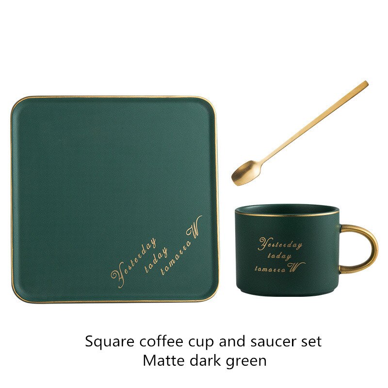 Ceramic coffee cup set square cup saucer spoon breakfast milk coffee cup bread dessert saucer couple: Matte dark green