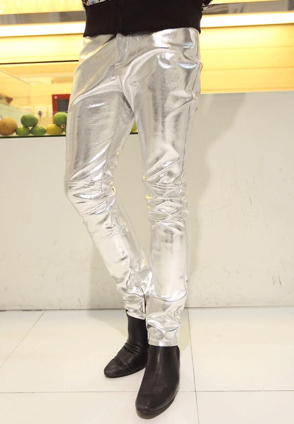 Hip Hop Mens Leather Pants Faux Leather Pu Material 3 Colors Motorcycle Skinny Faux Leather Casual Pants: Silver / M