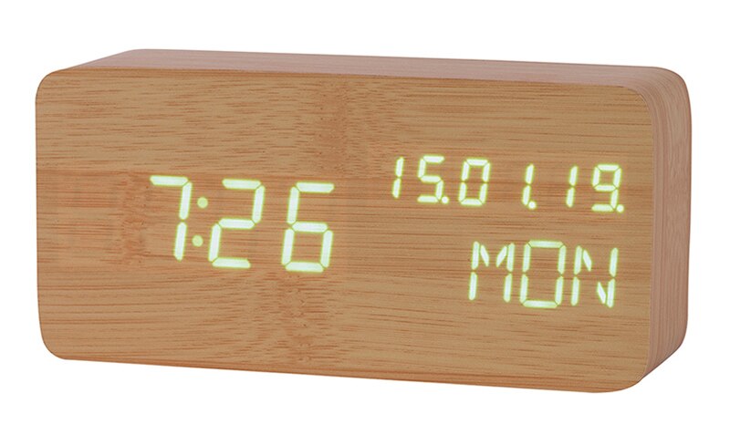 Jinsun Tafel Klok Geluid Controle Desktop Lichtgevende Wekker Voor Kinderen Houten Kalender Moderne Verstelbare Helderheid: bamboo-green
