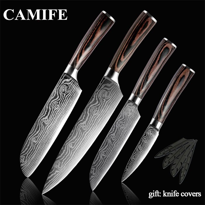 Super 8"inch Utility Chef Knives Imitation Damascus Steel Vein Santoku Kitchen Knives Carving Cleaver Slicing Knife: G.4 Pcs set