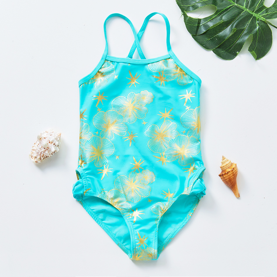 Bañador Floral dorado para niñas de 2 a 14 años, traje de baño para niñas de estilo veraniego con flores azules,: 14T