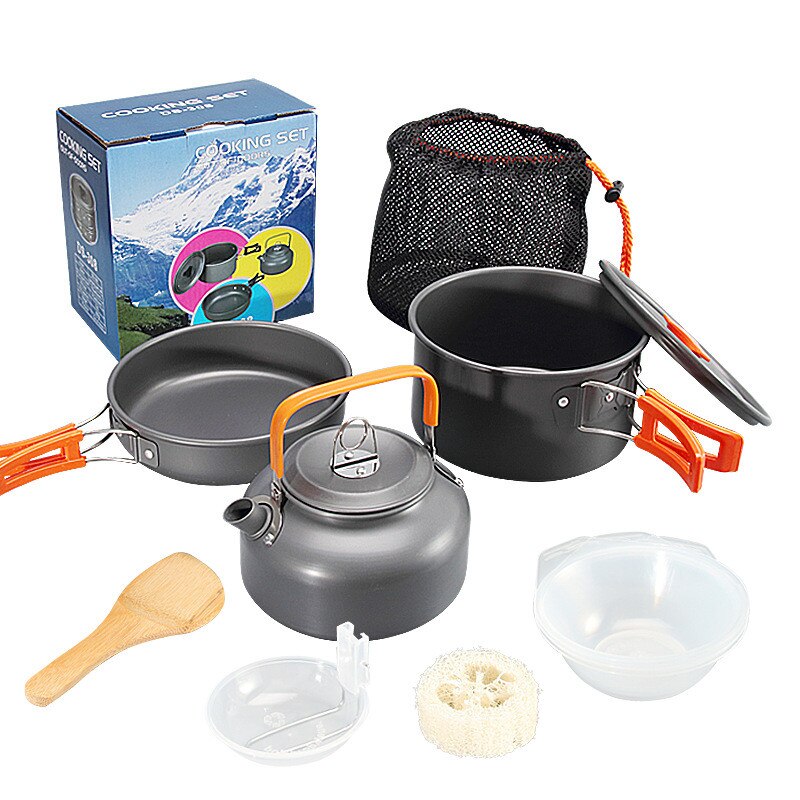 Juegos de utensilios de cocina para acampar, Kit de cocina antiadherente, antiadherentes ollas, vajilla plegable para senderismo, Picnic, mochilero: orange