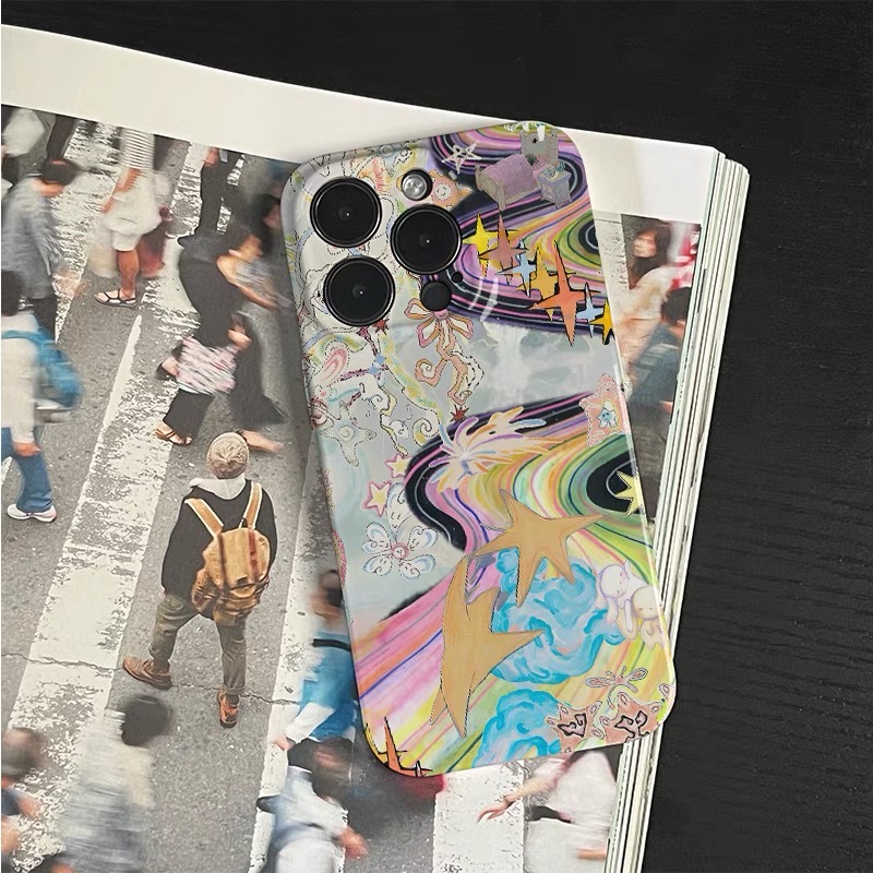 Rainbow Graffiti Art, Dazzling Stars Case for IPHONE 16PRO MAX 14 13 PRO 15PLUS 15PRO 11 12 Case Acrylic Hard Mobile Phone Cases: Leather / Beige