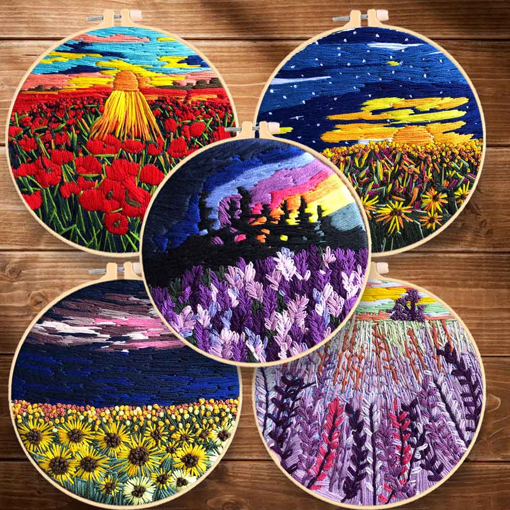 DIY Embroidery Flower Landscape Handwork Needlework for Beginner Cross Stitch kit Ribbon Painting Embroidery Hoop Home Decor