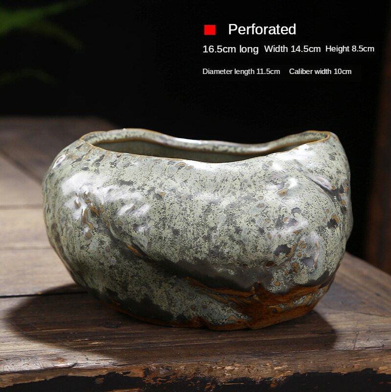 Maceta pequeña de cerámica Retro Para el hogar, maceta creativa de escritorio para plantas verdes suculentas Wenzhu, utensilios de jardín chino hechos a mano: B  Perforated