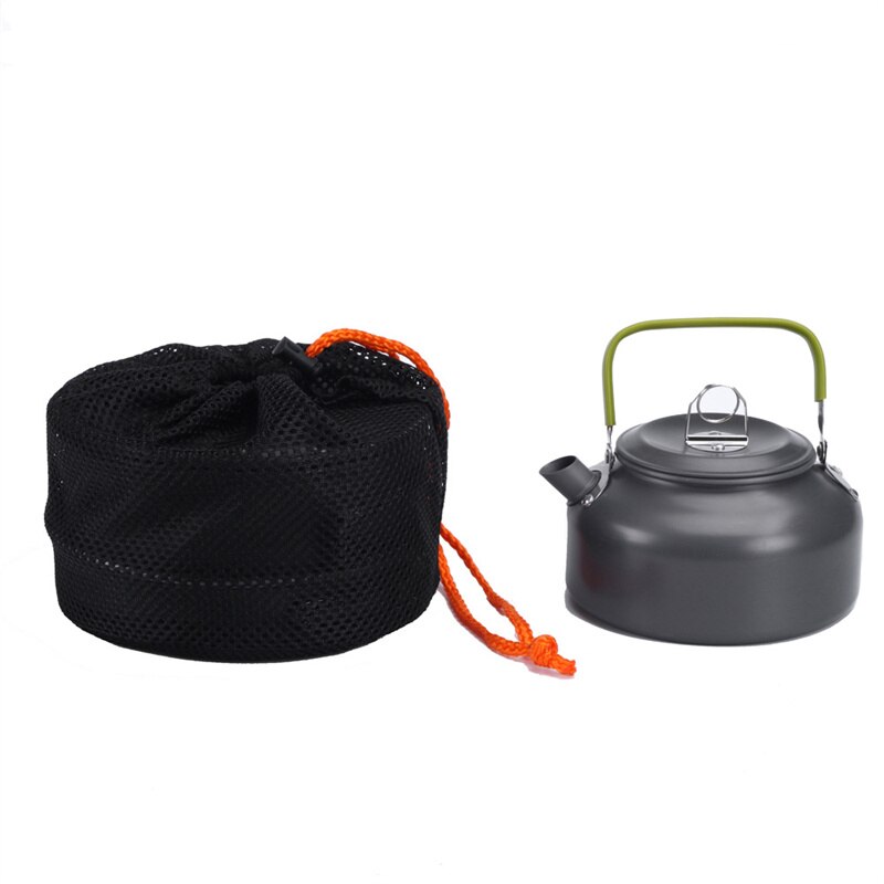 Falten Aluminium draussen Camping Kochgeschirr einstellen Tragbare Cookset Leichte Picknick Wasser Wasserkocher Topf Pfanne Schüssel Löffel Bausatz Mit Gittergewebe