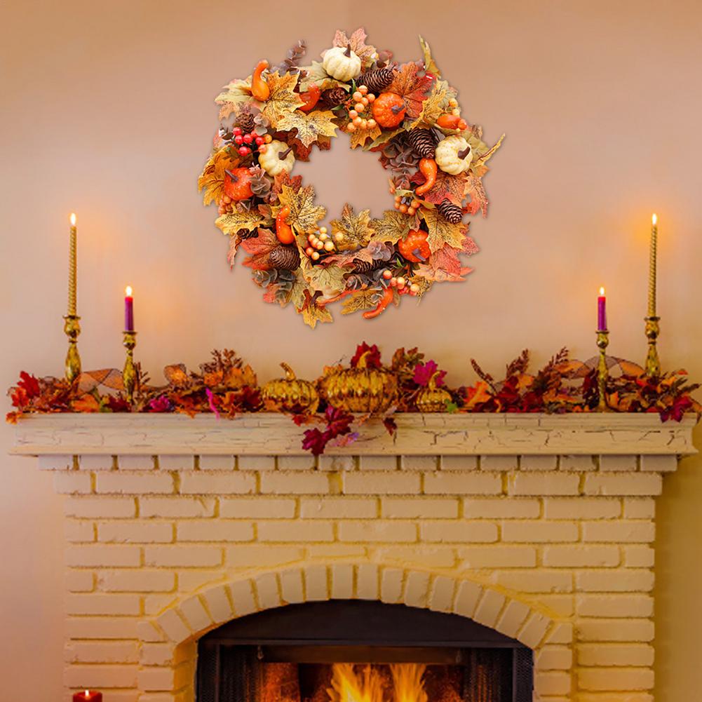 Tema de otoño puerta corona Artificial de cono de pino Arce Artificial guirnalda tela corona de mimbre Día de Acción de Gracias de la decoración del hogar