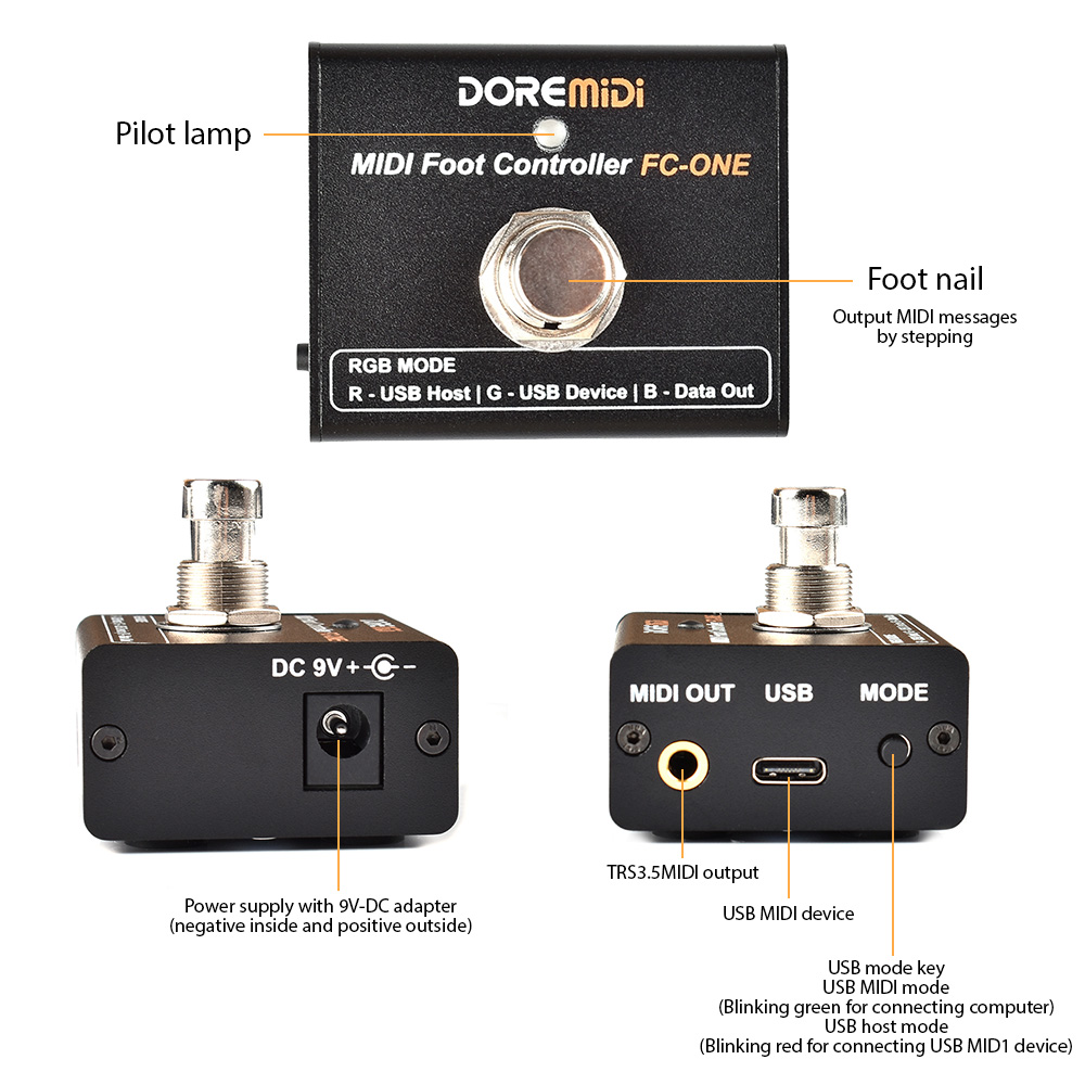 DOREMiDi MIDI Jalkakontroller - Plug and Play - MIDI-lähdöt - CC/PC/NOTE Viestit