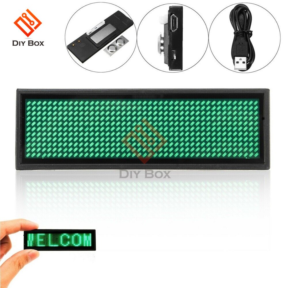 Mini-ledet digitalt display genopladeligt programmerbart navneskilt 15 displaysprog holdbart rulle-ledetagskilt-badge-modul: Grøn
