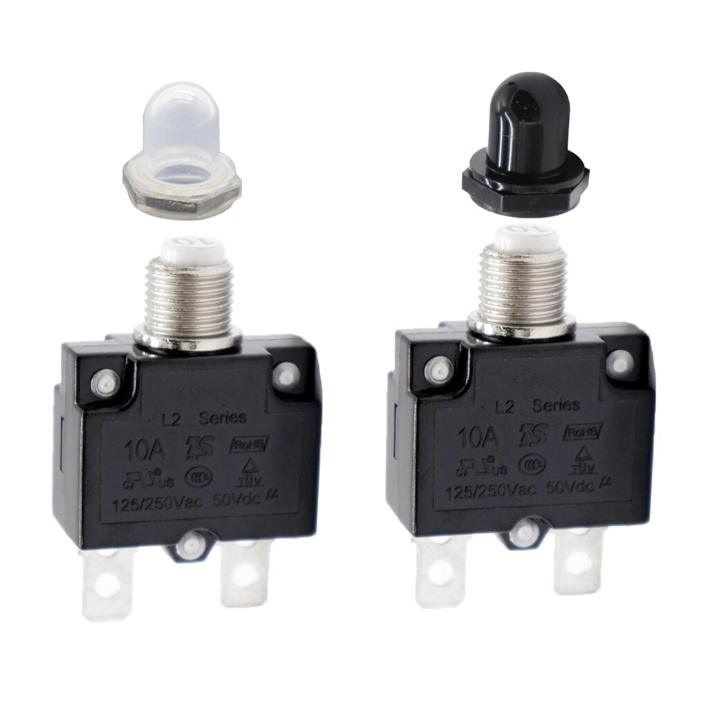Pack of 2 10 Amp Circuit Breaker Push-Button Reset with Quick Connect Terminals and Waterproof Button Covers (Black &amp; White)